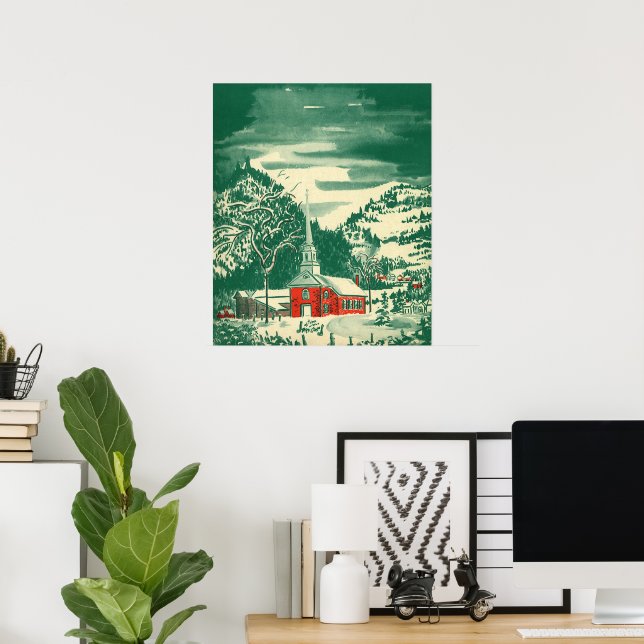 Vintage Christmas Church, Snowscape in Winter Poster (Home Office)