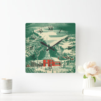 Vintage Christmas Church, Snowscape in Winter Square Wall Clock