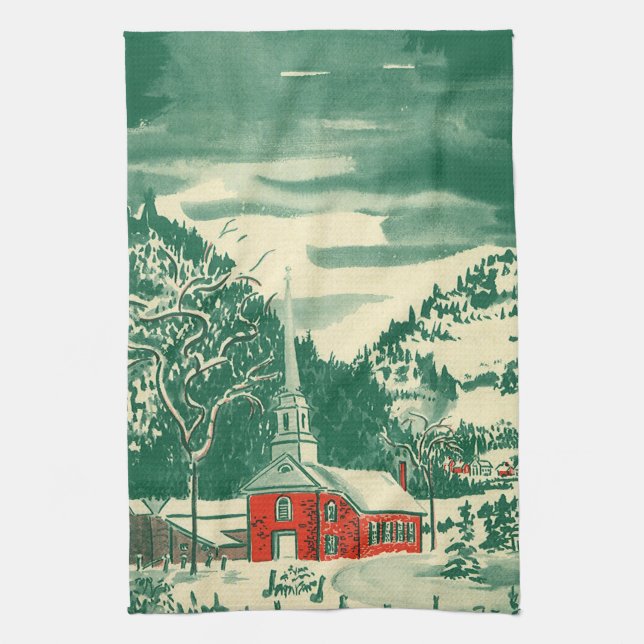 Vintage Christmas Church, Snowscape in Winter Tea Towel (Vertical)