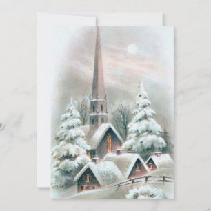Vintage Christmas Church Village Winter Holiday Card