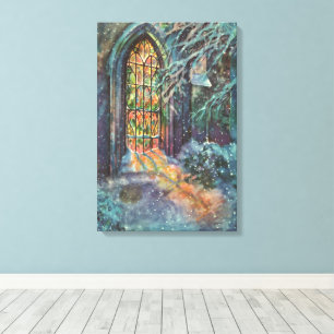 Vintage Christmas Church with Stained Glass Window Canvas Print