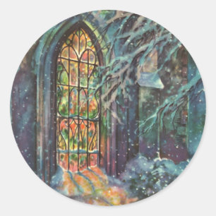 Vintage Christmas Church with Stained Glass Window Classic Round Sticker