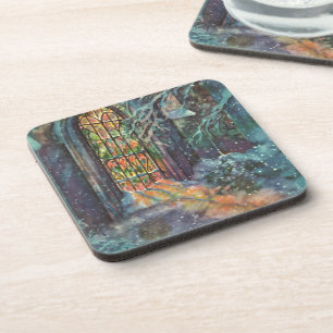Vintage Christmas Church with Stained Glass Window Coaster