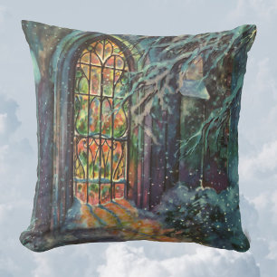 Vintage Christmas Church with Stained Glass Window Cushion