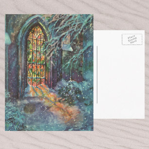 Vintage Christmas Church with Stained Glass Window Holiday Postcard