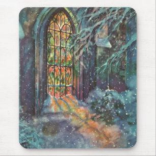 Vintage Christmas Church with Stained Glass Window Mouse Mat