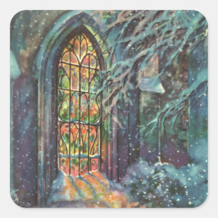 Vintage Christmas Church with Stained Glass Window Square Sticker