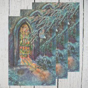 Vintage Christmas Church with Stained Glass Window Wrapping Paper Sheet