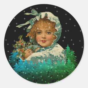 Vintage Christmas Cloaked Girl Night Stars Trees Classic Round Sticker