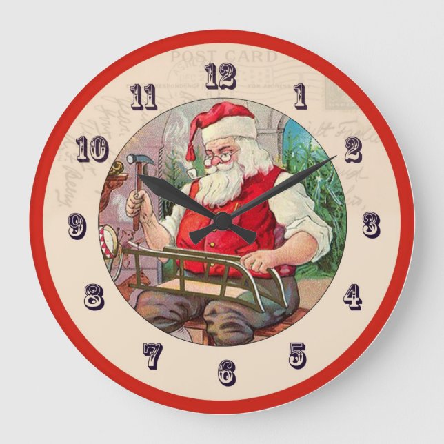 Vintage Christmas Clock - Santa building a sled (Front)
