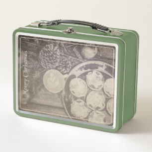Vintage Christmas Coffee & Cookies Metal Lunch Box