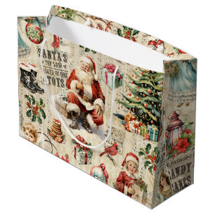 Vintage Christmas Collage Decoupage Large Gift Bag