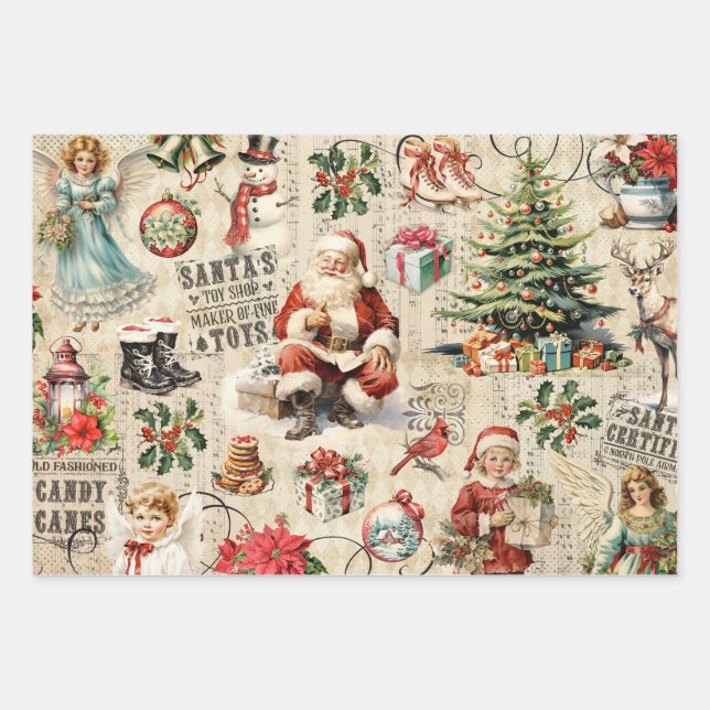 Vintage Christmas Collage Decoupage Wrapping Paper Sheet (Front)