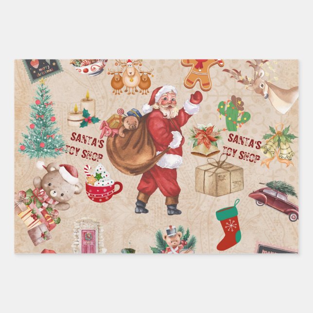 Vintage Christmas Collage Decoupage Wrapping Paper Sheet (Front)