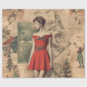 Vintage Christmas Collage Lady in Red Gift Wrap