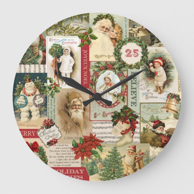 VINTAGE CHRISTMAS COLLAGE LARGE CLOCK (Front)