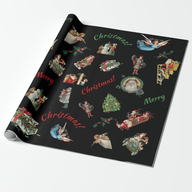 Vintage Christmas Collage On Black Background Wrapping Paper (Unrolled)