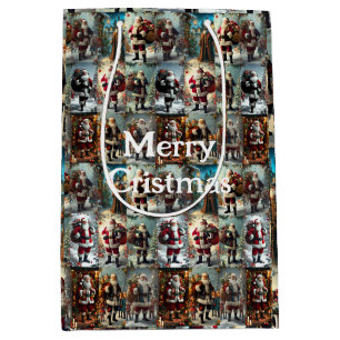 Vintage Christmas Collage   Retro Santa Holiday  Medium Gift Bag