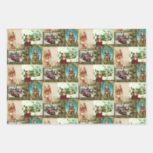 Vintage Christmas Collage - Santa Sleigh, Children Wrapping Paper Sheet