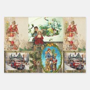 Vintage Christmas Collage - Santa Sleigh, Children Wrapping Paper Sheet