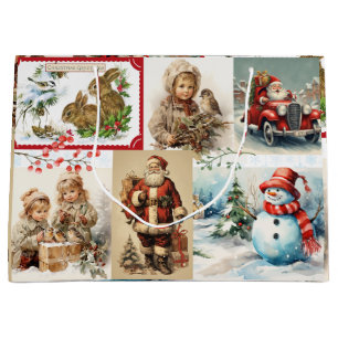 Vintage Christmas Collage with Santa and Children  Large Gift Bag
