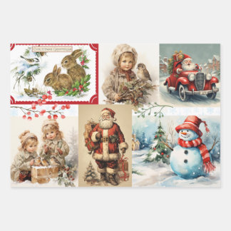 Vintage Christmas Collage with Santa and Children  Wrapping Paper Sheet