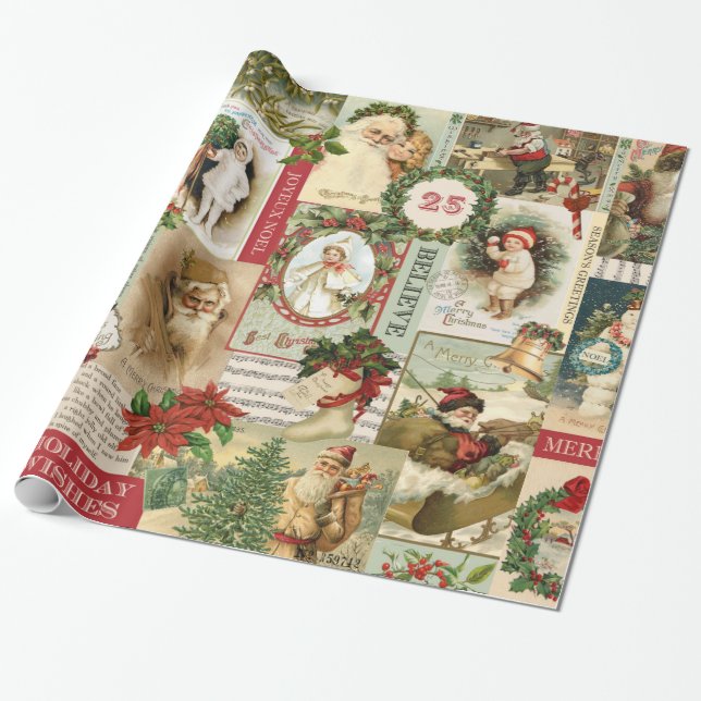 VINTAGE CHRISTMAS COLLAGE WRAPPING PAPER (Unrolled)