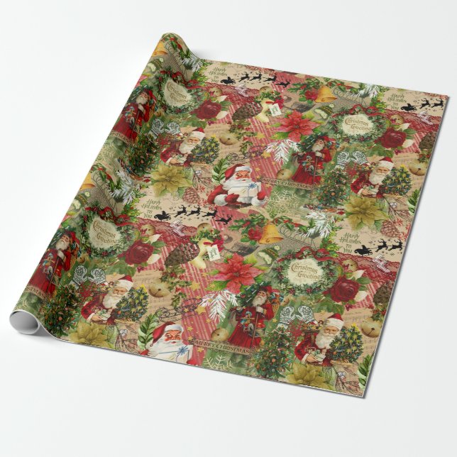 Vintage Christmas Collage Wrapping Paper (Unrolled)
