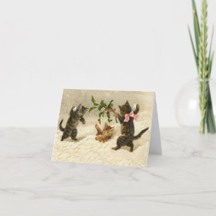 Vintage Christmas comic cat cat snowball fight Holiday Card