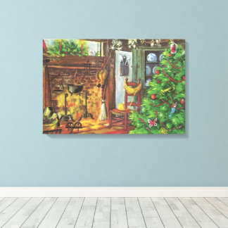 Vintage Christmas, Cosy Log Cabin with Fireplace Canvas Print