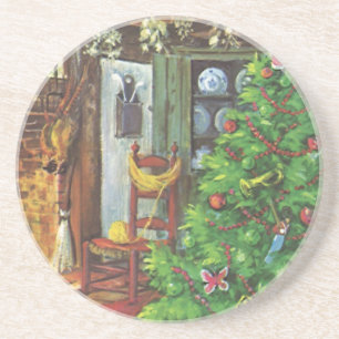 Vintage Christmas, Cosy Log Cabin with Fireplace Coaster