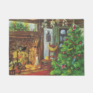 Vintage Christmas, Cosy Log Cabin with Fireplace Doormat