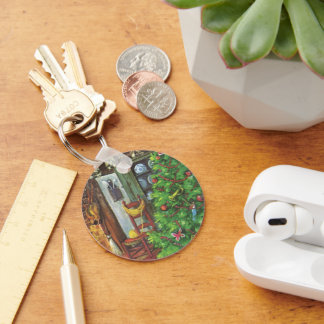 Vintage Christmas, Cosy Log Cabin with Fireplace Key Ring