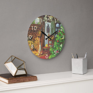 Vintage Christmas, Cosy Log Cabin with Fireplace Large Clock