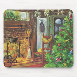 Vintage Christmas, Cosy Log Cabin with Fireplace Mouse Mat