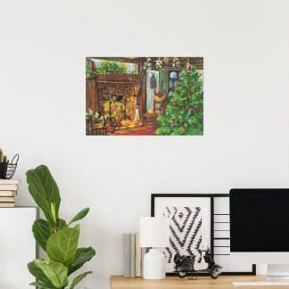 Vintage Christmas, Cosy Log Cabin with Fireplace Poster