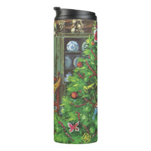 Vintage Christmas, Cosy Log Cabin with Fireplace Thermal Tumbler