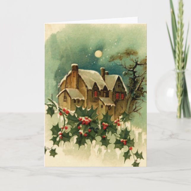 Vintage Christmas Cottage Holiday Card (Front)