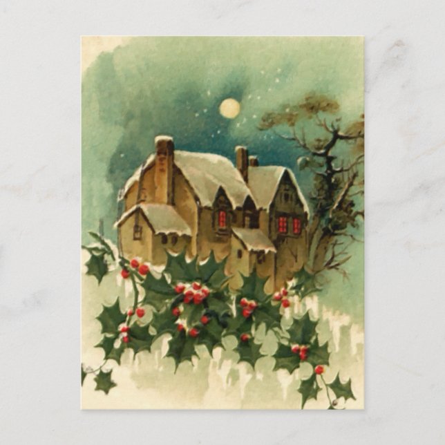 Vintage Christmas Cottage Holiday Postcard (Front)