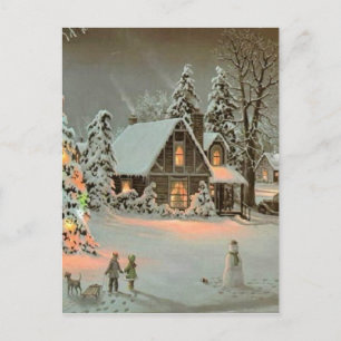 Vintage Christmas Cottage Holiday Postcard