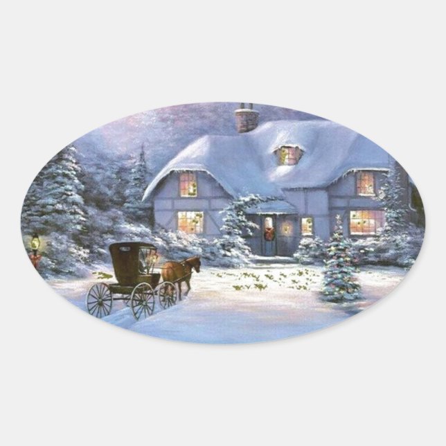 Vintage Christmas Cottage Oval Sticker (Front)