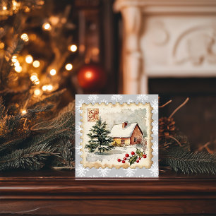 Vintage Christmas Cottage Postage Stamp Holiday Card