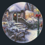 Vintage Christmas Cottage Snow Scene Classic Round Sticker<br><div class="desc">Vintage Christmas Cottage Snow Scene design.  Artist Unknown.</div>