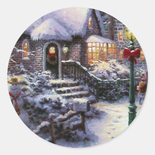 Vintage Christmas Cottage Snow Scene Classic Round Sticker (Front)
