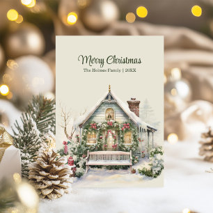 Vintage Christmas Cottage with Porch Personalized Holiday Card