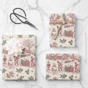 Vintage Christmas Countryside Toile Pattern Wrapping Paper Sheet