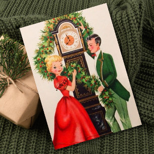 Vintage Christmas Couple By Clock Holiday Card