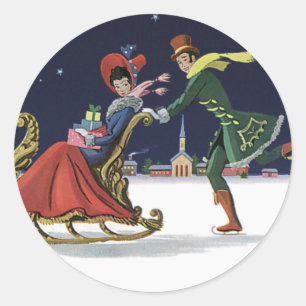 Vintage Christmas, Couple in Love Ice Skating Classic Round Sticker