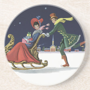 Vintage Christmas, Couple in Love Ice Skating Coaster