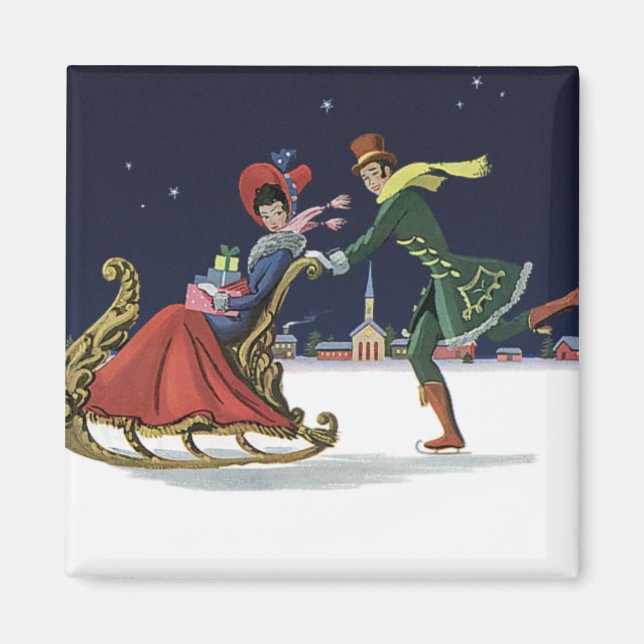 Vintage Christmas, Couple in Love Ice Skating Magnet (Front)